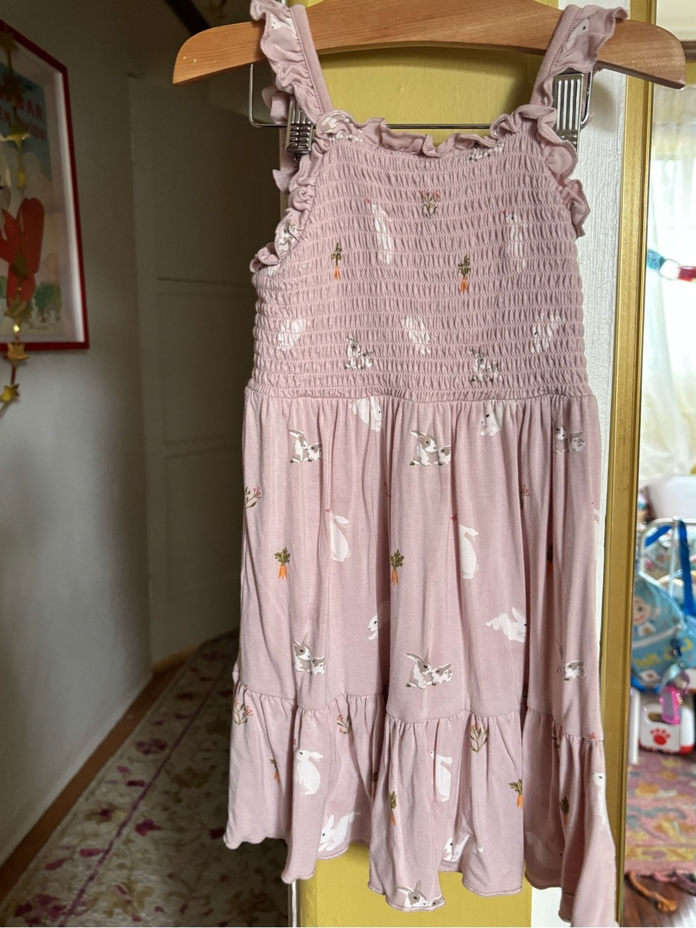 Kyte BABY Pink Smocked Ruffle Strap Dress with Bunny & Carrot Print